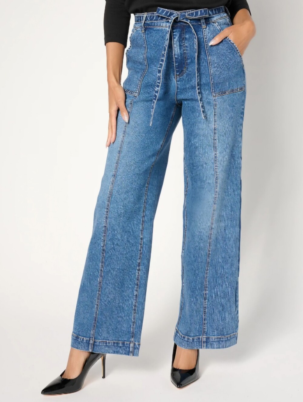 Isaac Mizrahi Live Belted Wide Leg Jeans High Rise Stretch Denim NWOT Size 16